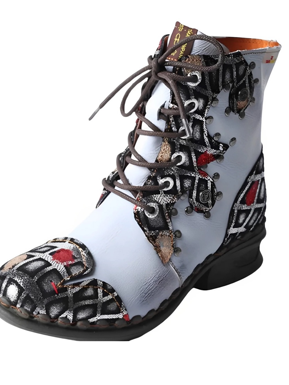TMA EYES Geometric-contrast patchwork leather combat boots for women